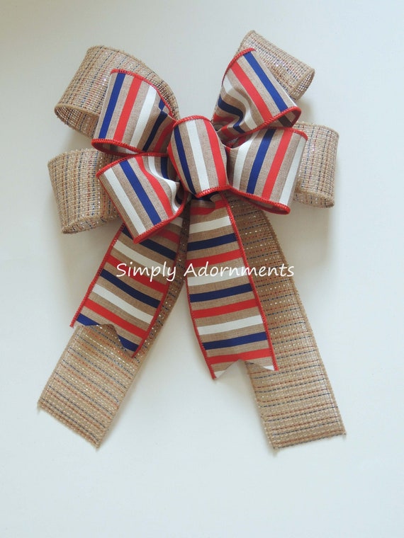 Rustic Patriotic Bow, Vintage Americana Burlap Wreath Bow, Farm Patriotic Burlap Bow, July 4th farmhouse Wreath bow, Independence Wreath Bow