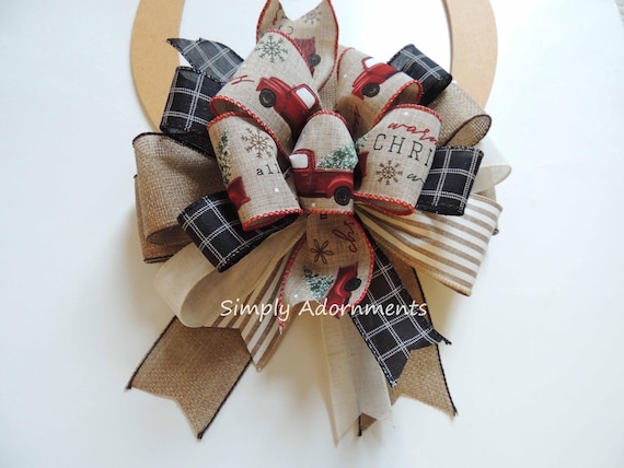 Red Farm Truck Christmas bow, Christmas Farm Truck bow, Tree topper bow, Christmas Farm Truck Wreath Bow Christmas Red Truck tree topper Bow