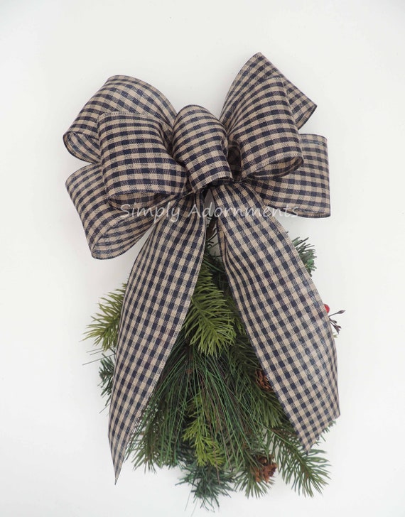 Primitive Navy Gingham Check wreath Bow, Navy Gingham Check Patriotic Bow, navy Check lantern Bow Navy Wreath bow, Rustic Navy Farmhouse bow