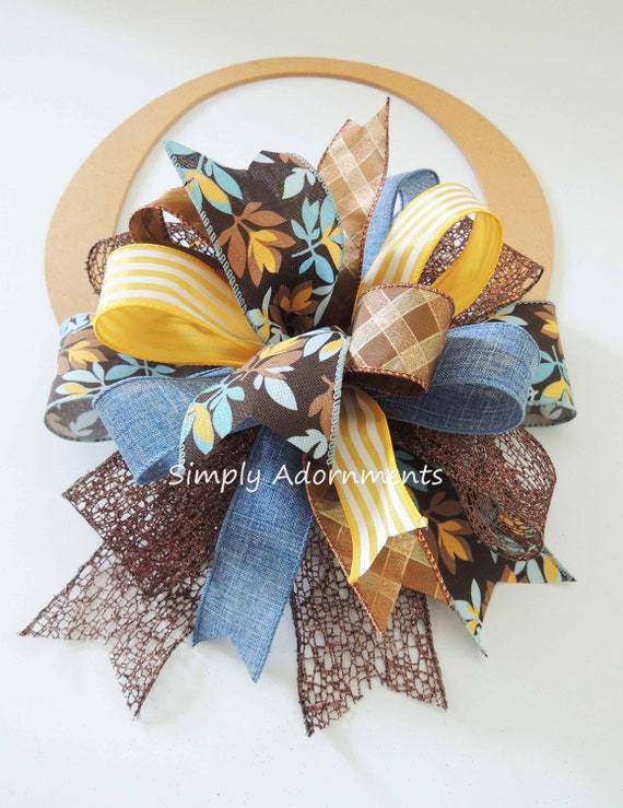 Brown blue fall bow, Lantern Fall Bow, Fall Door Bow, Thanksgiving Wreath Bow, Fall Leaves Bow, Autumn Door Bow
