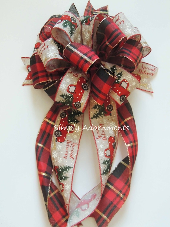 Red Truck Christmas Bow, Farmhouse Tree Bow, Farmhouse Christmas Wreath Bow, Red truck Christmas Tree Topper, Red Black Christmas Tree Bow