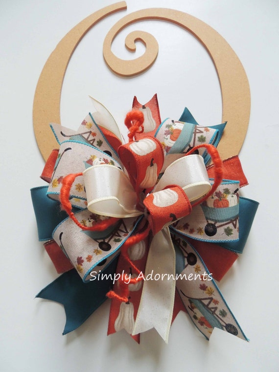 Farmhouse Pumpkin Bow, Pumpkin Wheelbarrow Bow, Fall Teal Door Bow, Pumpkin Wheelbarrow Wreath Bow, Thanksgiving Door Bow, Fall sign bow