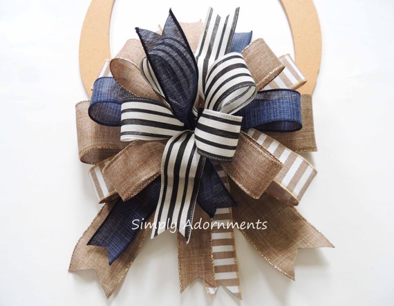 Navy tan Farmhouse Bow, Farmhouse Wreath Bow, Cottage Wreath Bow, Farmhouse lantern Bow, Black Stripes bow, Navy Beige farmhouse Door bow