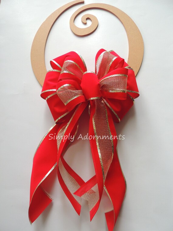 Red Gold Christmas Bow, Red Velvet Christmas Wreath Bow, Red Gold Christmas Tree Bow, Door Bow, Christmas Swag Bow, Christmas Gift Bow