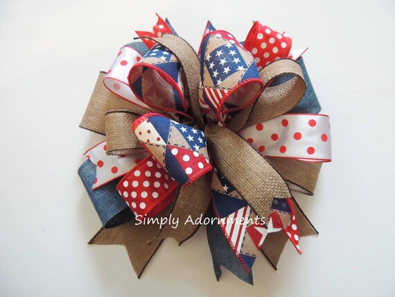 Patriotic Farmhouse Bow, Patriotic Country Bow, Patriotic Lantern Bow, July 4th bow, Fourth of July Door Bow, Patriotic Bow Country farm bow Il_570xn