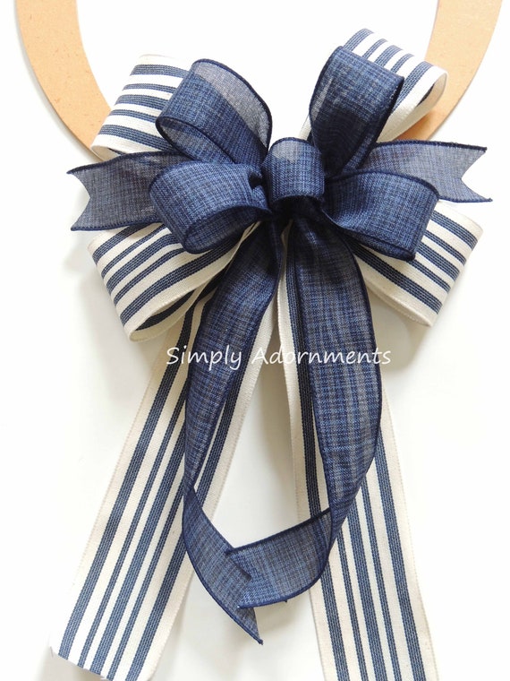 Navy Striped Bow, Navy farmhouse bow, Navy Door Hanger Bow, Navy Lantern Bow, Navy Front Sign Bow, Wreath Embellishment, Everyday Navy Bow