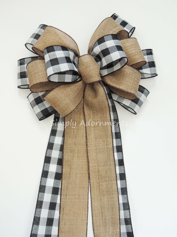 XXL Farmhouse Christmas Check Bow, Farmhouse Black Buffalo plaid Bow, Black White farmhouse check bow, Cabin Check Christmas Tree Topper Bow