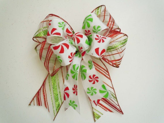 Candy Cane Christmas Bow, Red Green Christmas bow, Christmas Tree Bow, Christmas Holiday Gift Bow, Ornament Bow, Garland Bow