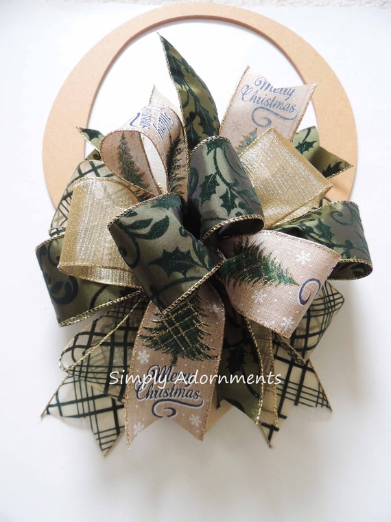 Green Gold Christmas Bow, Hunter green Gold Plaid Christmas Bow, Green Christmas Tree Bow
