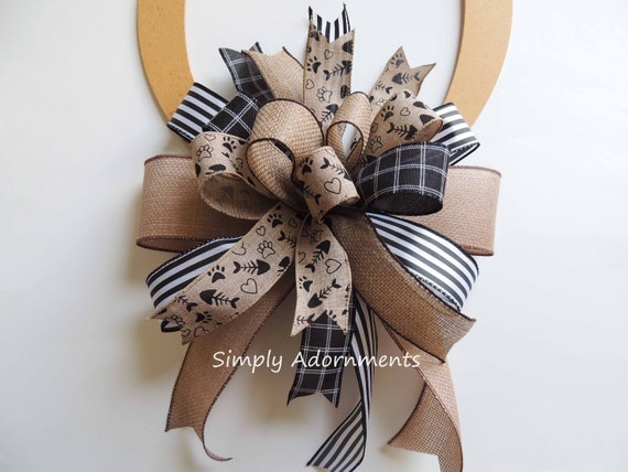 Tan Cat Treat Paw Heart Bow, Farmhouse Cat Lovers Sign Bow, Black Tan Cat Treat Print Bow, Cat Paw Bow, Cat Party decor, Dog Or Cat Gift Bow