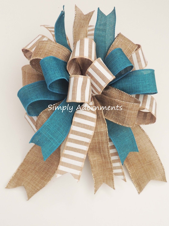 Teal tan Farmhouse Bow Teal Tan Farm Wreath Bow Cottage Wreath Bow Farmhouse lantern Bow Teal Tan Stripe bow, Teal Beige farmhouse Wired bow