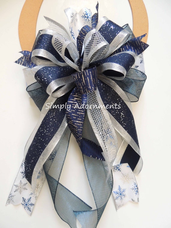 Navy Silver Christmas Snowflakes Bow, Navy Silver Winter Wreath Bow, Navy Silver Christmas lantern Bow, Silver Blue Winter Holiday Bow