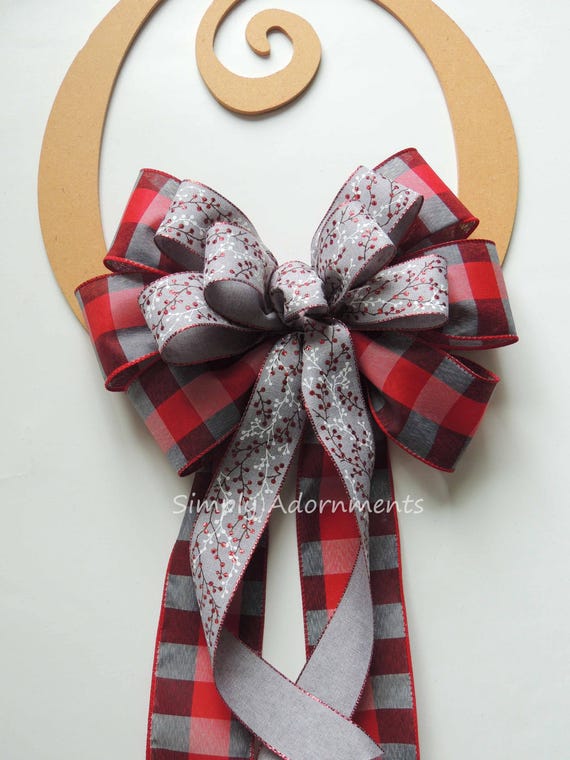 Red Grey Farmhouse Bow, Buffalo check Christmas Bow, Winter Berries Decor, Wreath Accent, Tree topper