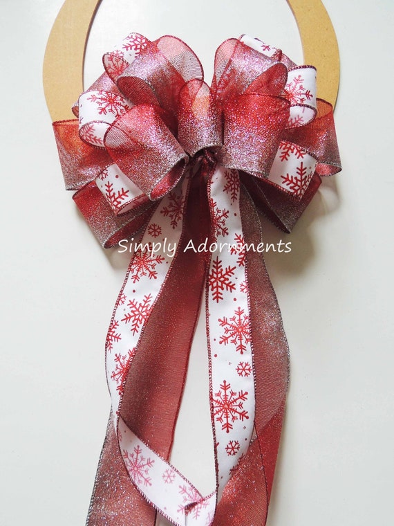 Silver Red Snowflakes Christmas Tree Bow, Snowflakes Christmas Tree topper, Red white Christmas Door bow, Large Christmas Teardrop Swag Bow