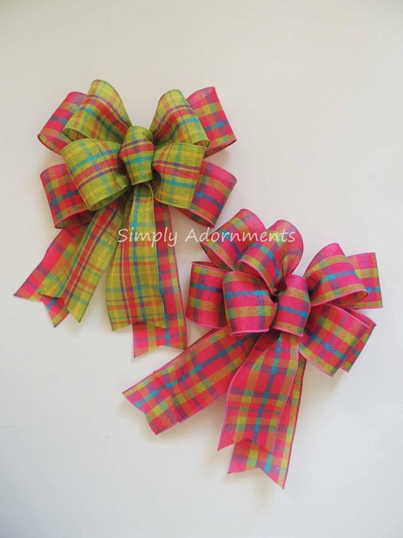 Pink Lime Plaid bow, Pink Green Spring Plaid Wreath Bow, Pink Green Plaid Door Bow, Spring Plaid Sign Bow, Easter Gift bow, Summer door bow