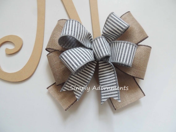 Farmhouse Grey Stripe Bow, Faux Burlap Grey Stripe Wooden Monogram Bow, Porch sign bow, Front door hanger Bow, Welcome sign BOW ONLY