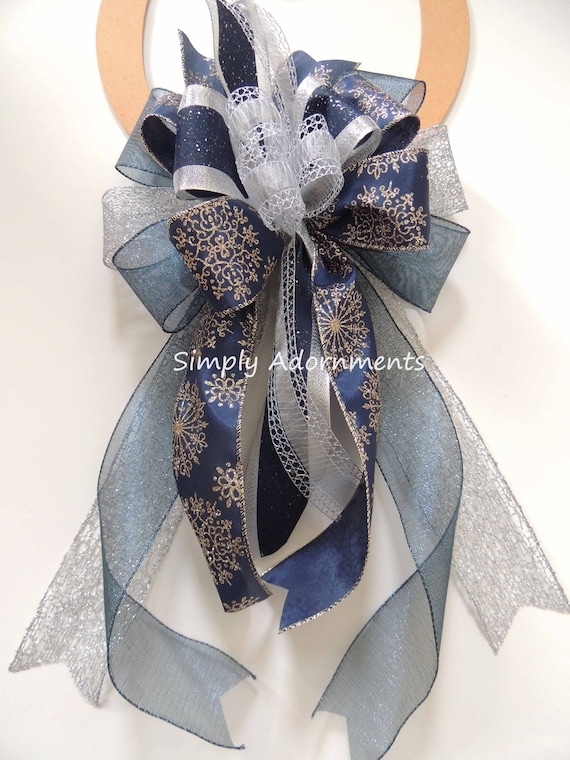 Navy Silver winter Bow, Whimsical Navy Wreath Bow, Navy Silver Tree Topper Bow, Silver Blue Holiday Decorative Bow, Navy Silver Lantern Bow