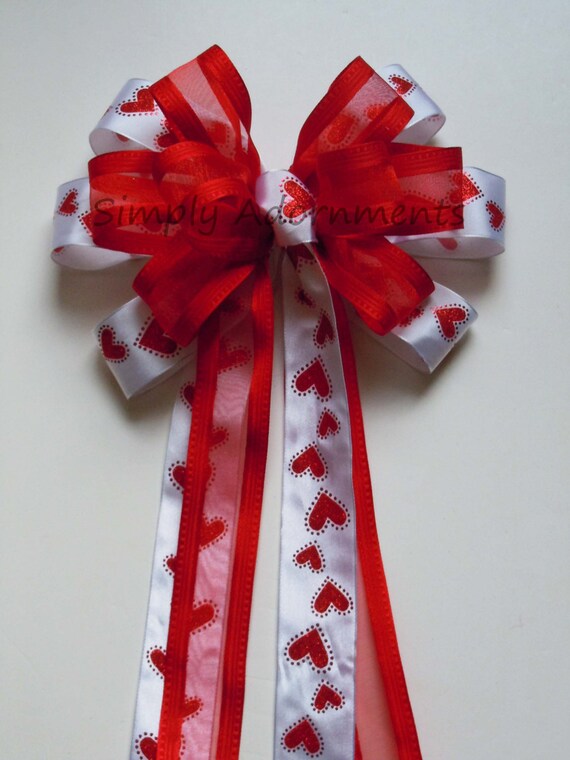 Red Heart Valentine Bow, Wire-Edged Ribbon Wreath Accent