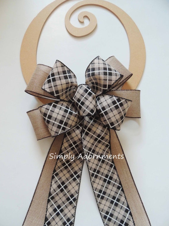 Diagonal plaid check Bow, Faux Burlap Argyle Wreath Bow, Black Ivory Diagonal check Bow, plaid check Door bow, Tan black check bow, sign bow