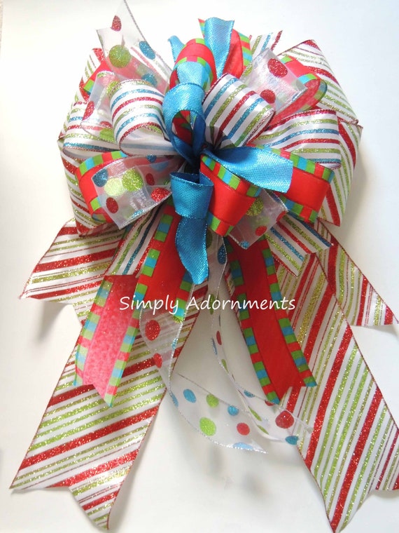 XLarge Christmas Bow, Red green blue Christmas Tree Bow, Dots and stripes Christmas Topper, Xlarge Wreath Bow, Xlarge Christmas Door Bow