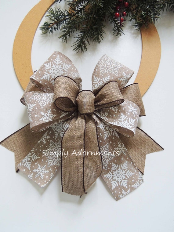 Rustic Burlap Snowflakes Bow, Farmhouse Christmas Snowflake Bow, Snowflakes Gift Bow, Tan Winter Farmhouse bow, Snowflakes door sign bow