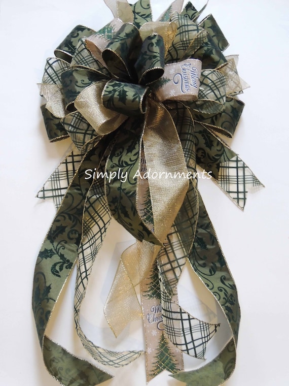 XXlarge Green Gold Christmas Bow, Hunter green Gold Plaid Christmas Bow, Green Christmas Wreath Bow, Hunter Green Christmas tree topper bow