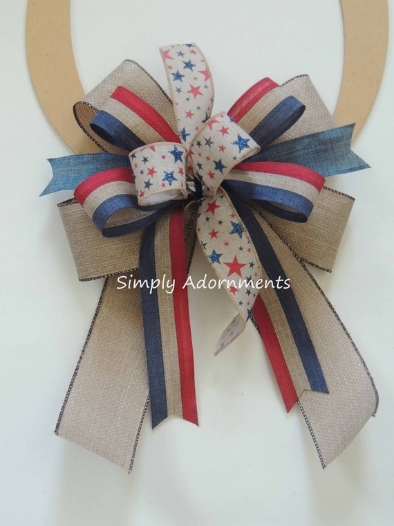 Vintage Stars and stripes bow, Sparkle Burlap Patriotic rustic farmhouse wreath bows, Rustic Patriotic Farmhouse Bow Farmhouse July 4th bows