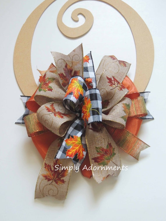 Fall Leaves wreath Bow, Maple Leaves black check bow Thanksgiving Wreath Bow, Autumn leaves Lantern Bow Fall Leaves Bow Fall Colors Door Bow