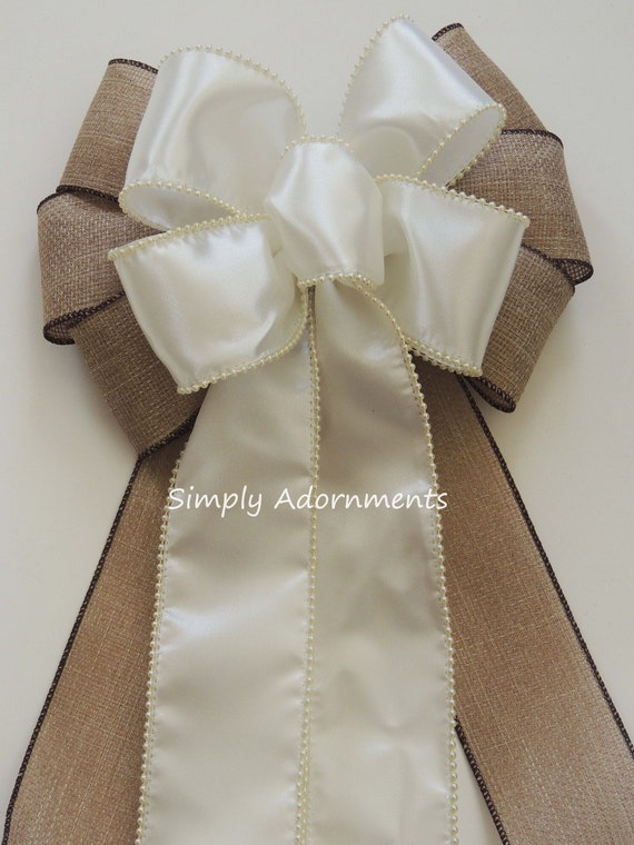 Ivory Burlap bow, Faux Burlap Ivory pearl Bow, Satin Ivory Burlap Wedding Bow, Burlap ivory pearl Church Bow, rustic Burlap ivory pew bow