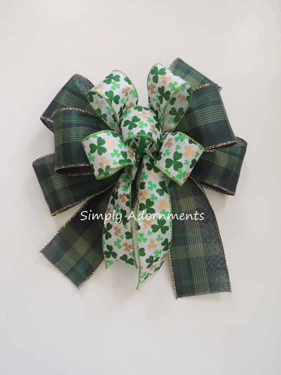 Hunter green St Patrick Bow, Saint Patrick's Wreath Bow, St Pats Door bow, Shamrock Clover Sign Door bow, Wreath Bow Porch sign bow Gift bow