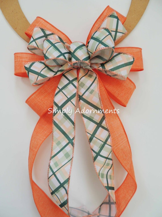 Coral Green Plaid Bow, Orange Green plaid Wreath Bow, Green orange Plaid Door bow, Orange Plaid Chair bow, Plaid Lantern bow, Coral Gift Bow Il_570xn
