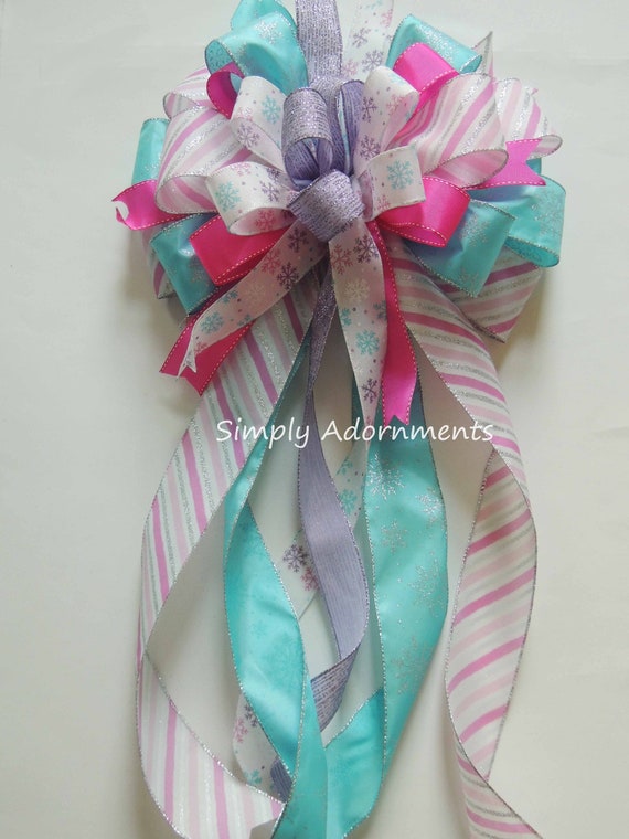 Pastel Snowflakes Tree Topper Bow, Snowflakes Christmas tree Bow, Pink Blue Tree  Bow, Xlarge Christmas wreath bow, XLarge Xmas gift bow