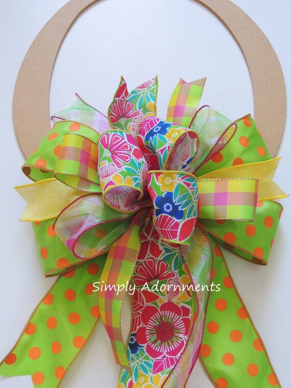 Pink Green floral bow, Multicolored Flowers Bow, Tropical Flowers Lantern Bow, Flowers wreath bow, Tropical Birthday party decor, Flower bow