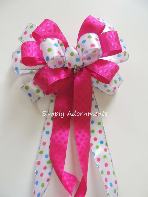 Hot Pink Spring Dots Wreath Bow, Pink Green Blue Dots Wreath Bow, Pink Polka Dots Lantern bow, Birthday Wreath bow, Hot pink Basket Gift Bow Il_570xn