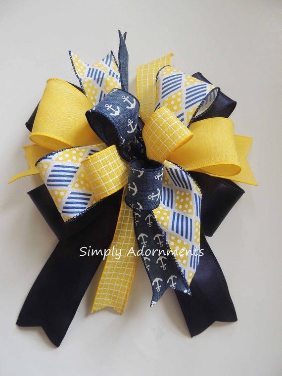 Navy Yellow Nautical wreath bow, Nautical Navy Anchor Door bow, Summer Beach Bow, Nautical Lantern bow, Nautical theme bow Nautical gift Bow Il_570xn