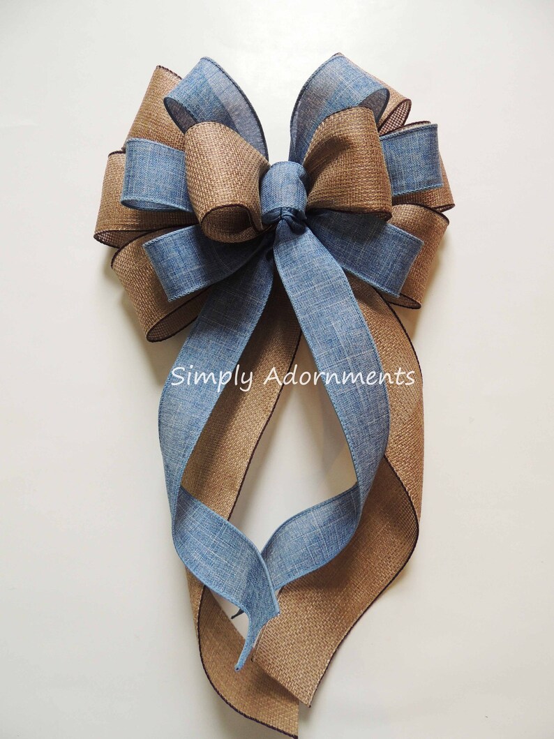 Blue Denim Burlap Ribbon Bow, Farmhouse beige Blue Wreath Bow, Rustic blue Denim Burlap door Bow, Denim blue door Bow, Farmhouse Lantern Bow image 6