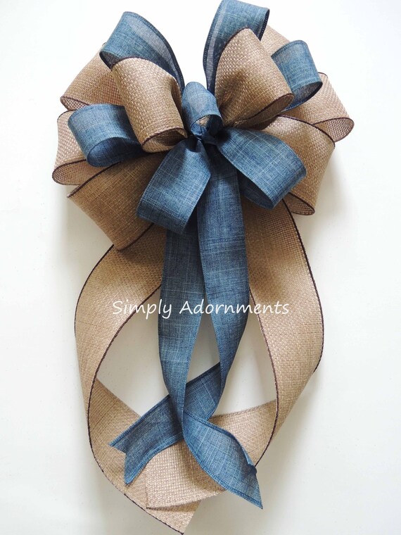 Blue Denim Burlap Ribbon Bow, Farmhouse beige Blue Wreath Bow, Rustic blue Denim Burlap door Bow, Denim baby shower Bow,  Denim Lantern Bow