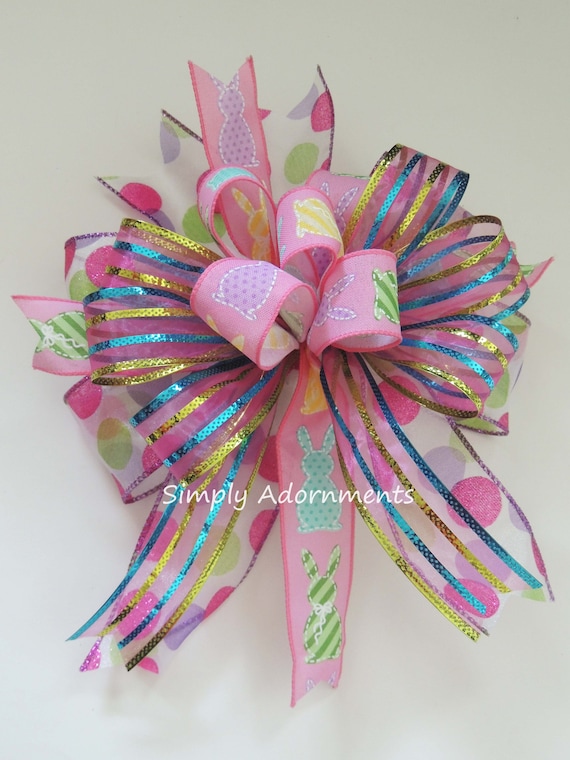 Pink Easter Bunny Bow,  Multicolored Easter Bunny Wreath bow,  Pink Easter bunny door bow,  Pink Easter Gift Basket Bow. Easter Door Bow