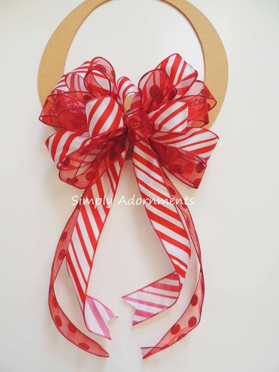 Red White Christmas Bow, Christmas Candy Cane Tree Bow, Christmas Polka dots Candy Canes Bow, Red White Christmas Wreath Bow, Lantern Bow