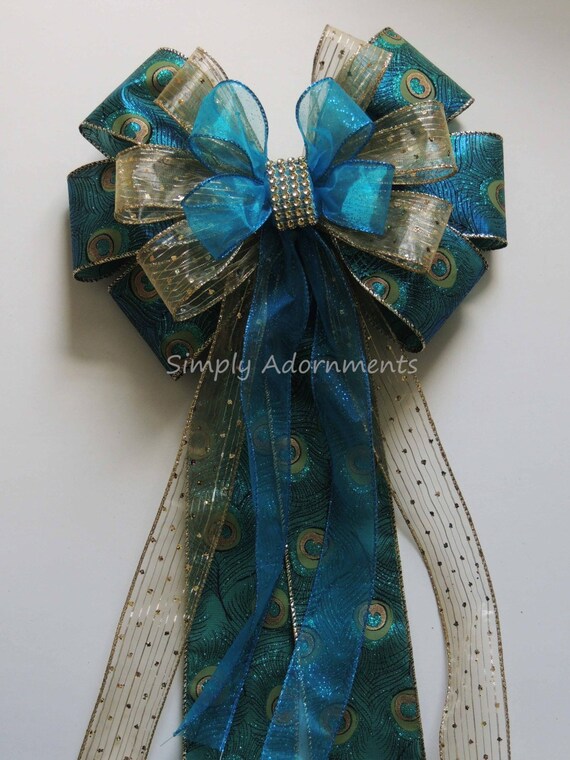 Teal gold Peacock Wreath Bows, Peacock Christmas Lantern bows, Peacock Themed Decor,  Peacock accent bow on Wreaths, Peacock reception bow