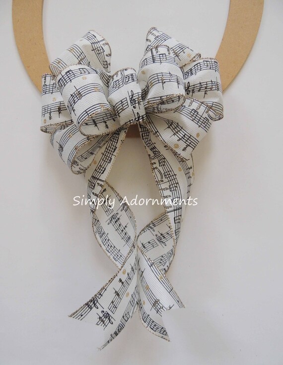 Ivory Gold Music Note Bow,  Music themed Decoration,  Music Notw wreath bow, Music Graduation Door bow, Music Sheet Gift Bow, Music sign bow