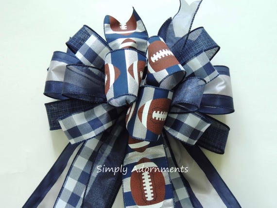 Navy Gray Football Bow, Navy Grey Football Bow, Dallas Cowboys Wreath Bow, Football Door bow, Football spirit door Bow, Navy Gray Wreath bow