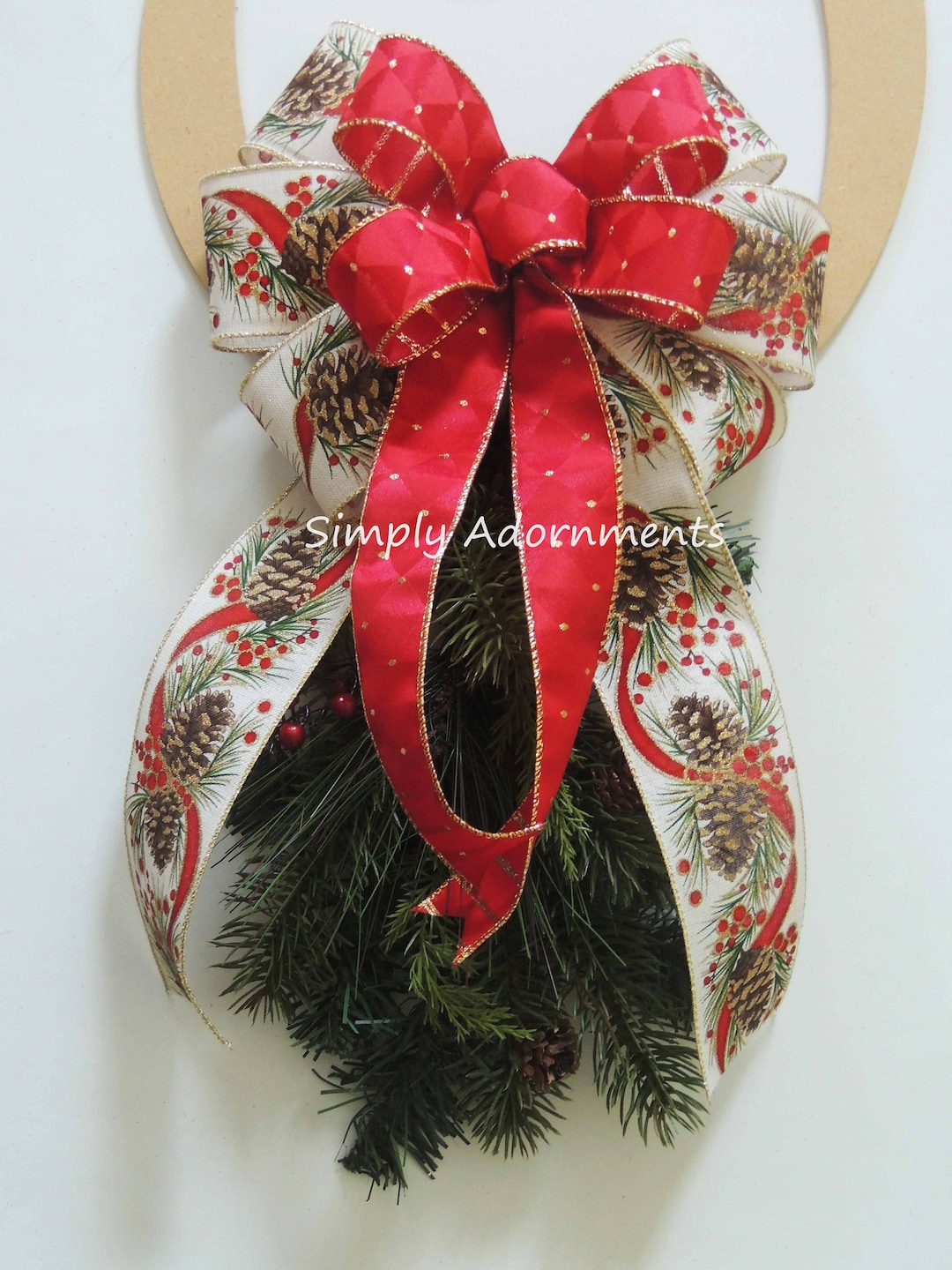 Red Gold Christmas Bow, Pine Cones Door Bow, Pine Cones Holly Christmas