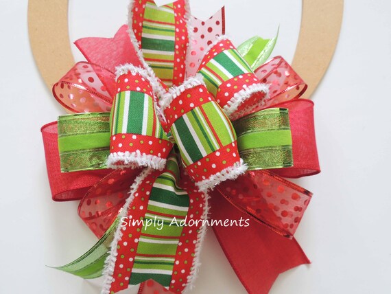 Whimsical Christmas Bow, Red Green Christmas Bow, Red Green Tree topper Bow, Christmas Tree Bow, Stripes dots Christmas Lantern bow