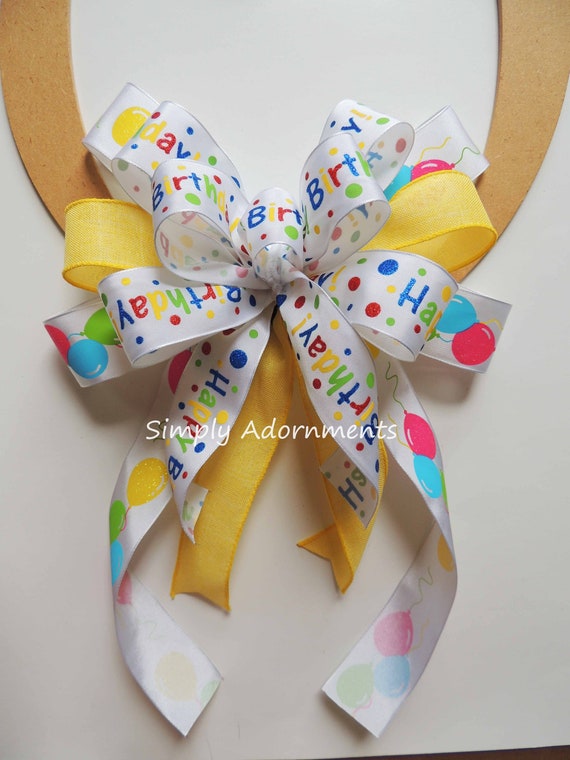 Happy Birthday bow, Yellow Happy Birthday Scripts Bow, Balloon Birthday party Decorative Bow, Balloon birthday Bow, Happy birthday gift Bow Il_570xn