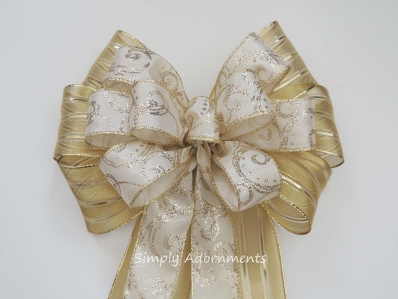 Ivory gold bow, Ivory Glittered gold Swirls Christmas Bow, Ivory Gold Wreath bow, Ivory Gold Wedding Pew Bow, Filigree Wedding Aisle bow