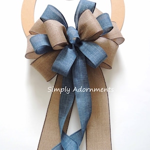 Blue Denim Burlap Ribbon Bow, Farmhouse beige Blue Wreath Bow, Rustic blue Denim Burlap door Bow, Denim blue door Bow, Farmhouse Lantern Bow image 2