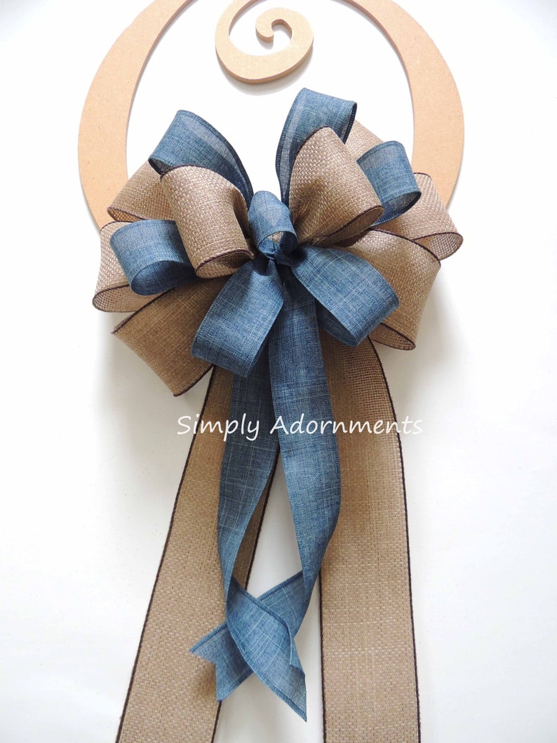 Blue Denim Burlap Ribbon Bow, Farmhouse beige Blue Wreath Bow, Rustic blue Denim Burlap door Bow, Denim blue door Bow, Farmhouse Lantern Bow image 2