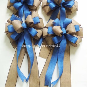 Blue Denim Burlap Ribbon Bow, Farmhouse beige Blue Wreath Bow, Rustic blue Denim Burlap door Bow, Denim blue door Bow, Farmhouse Lantern Bow image 10