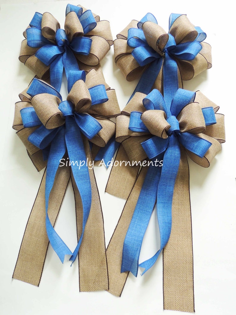 Blue Denim Burlap Ribbon Bow, Farmhouse beige Blue Wreath Bow, Rustic blue Denim Burlap door Bow, Denim blue door Bow, Farmhouse Lantern Bow image 10